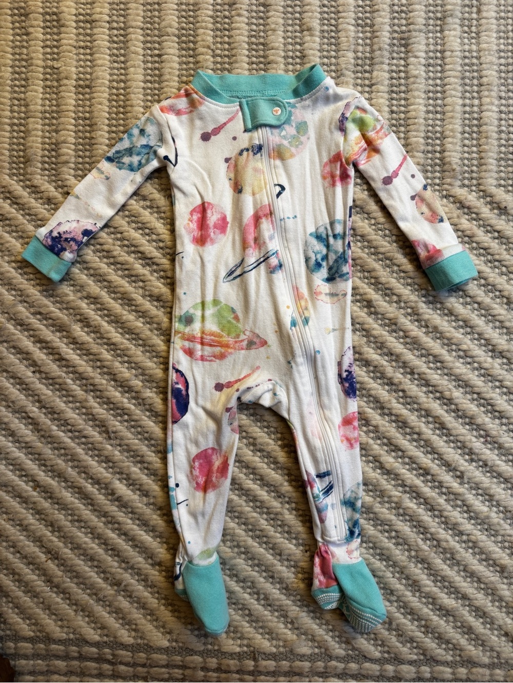 White One-Piece Footie Pajamas with Watercolor Planet Print and Mint Trim